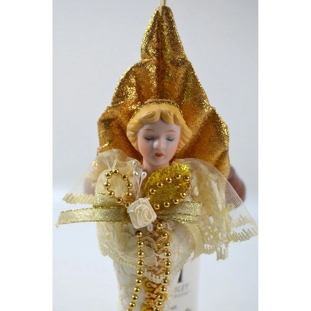 Vintage Porcelain Faced Angel Christmas Tree Ornament in Cone Gown 10